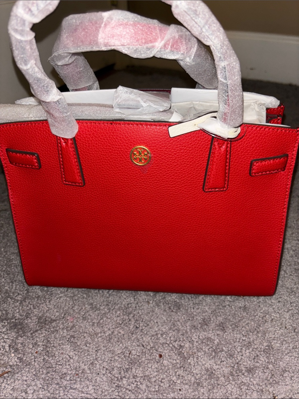 Tory Burch Red Pebbled Leather Satchel with Gold Logo